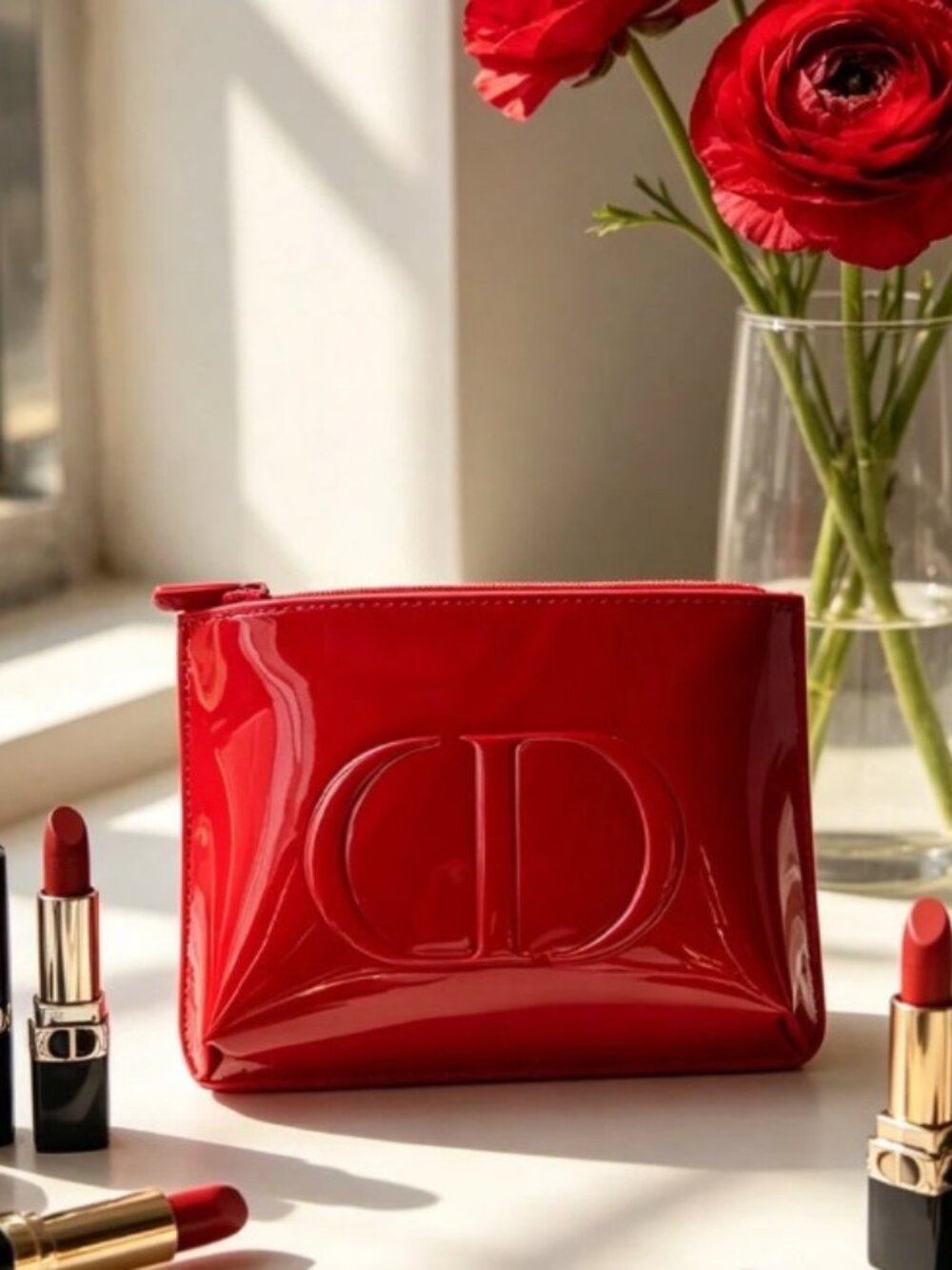 DIOR RED Glossy Patent Leather Like Cosmetic Makeup Bag Pouch Case New Authentic